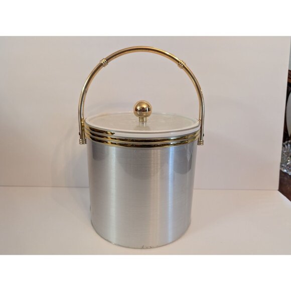 Vintage MCM Silver Ice Bucket With Gold Handle & Lid Knob - Picture 1 of 8